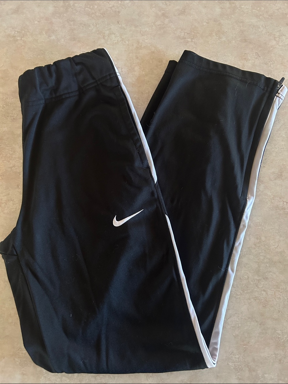 Nike Black Track Pants with White Swoosh & Side Stripes